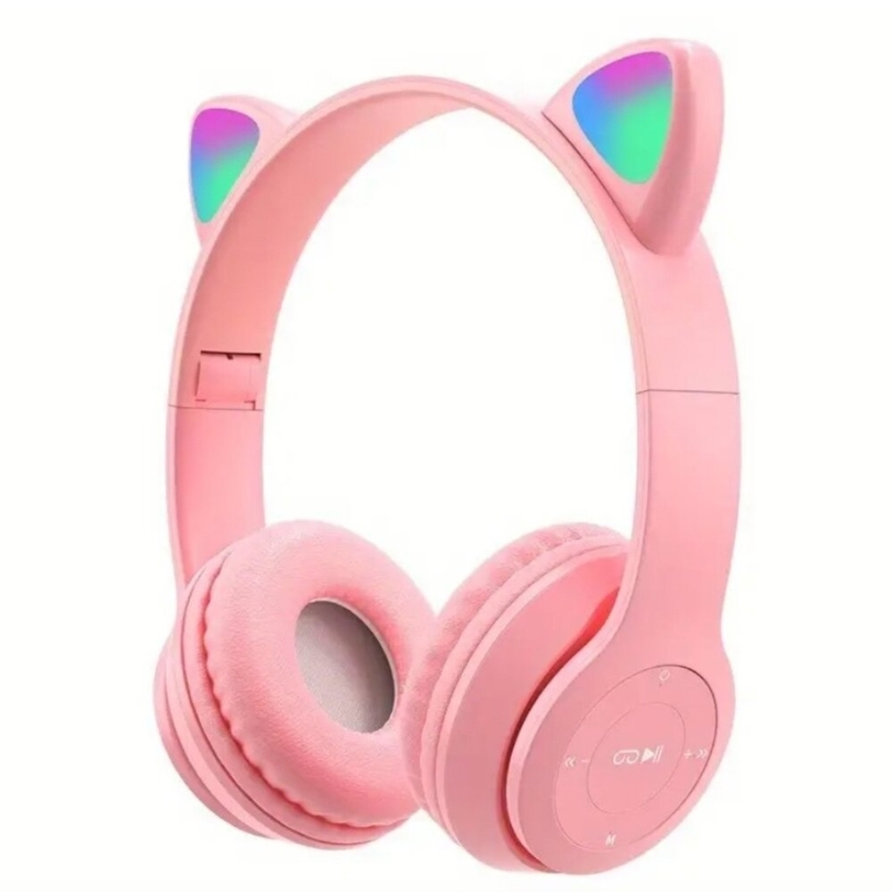 Pink Light Up Cat Ear Wireless Bluetooth Headphones Gaming Kids
